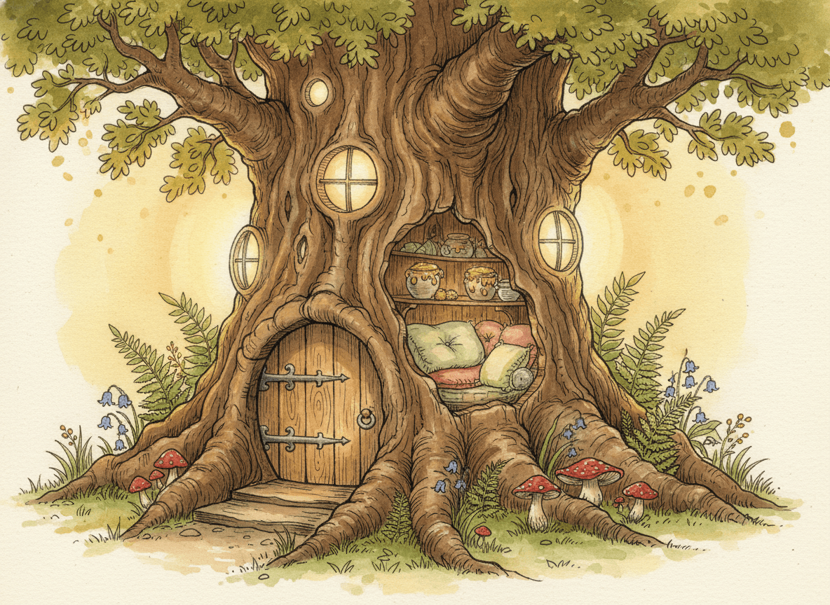 A cosy hollow-tree clubhouse glowing with lantern light in a whimsical woodland