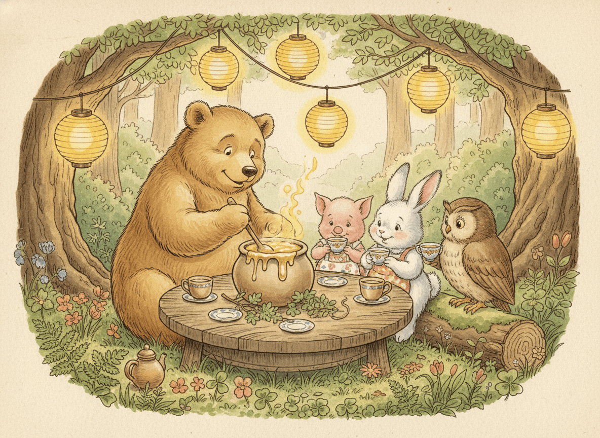 Woodland animal friends sharing a pot of honey and tea around a table, lanterns glowing overhead