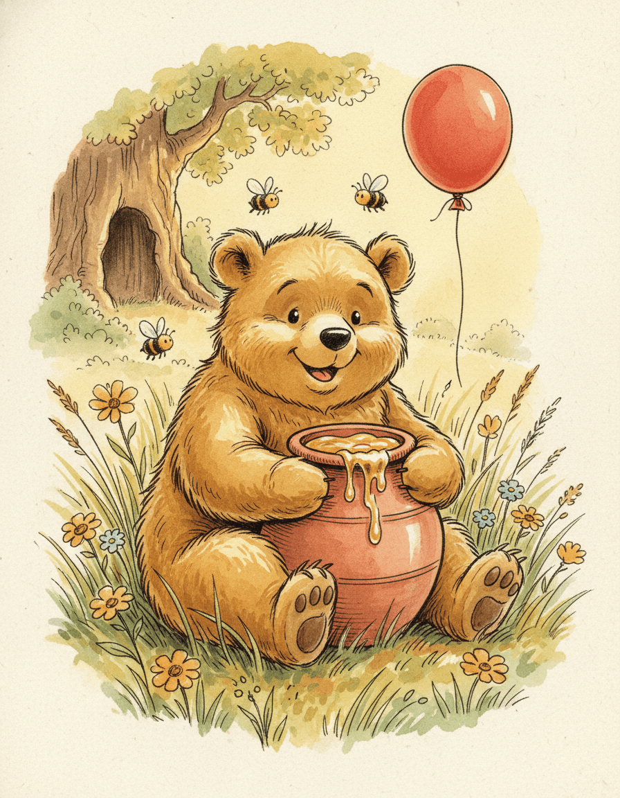 A friendly storybook honey bear sitting in a sunny meadow, hugging a honey pot, with a red balloon drifting nearby