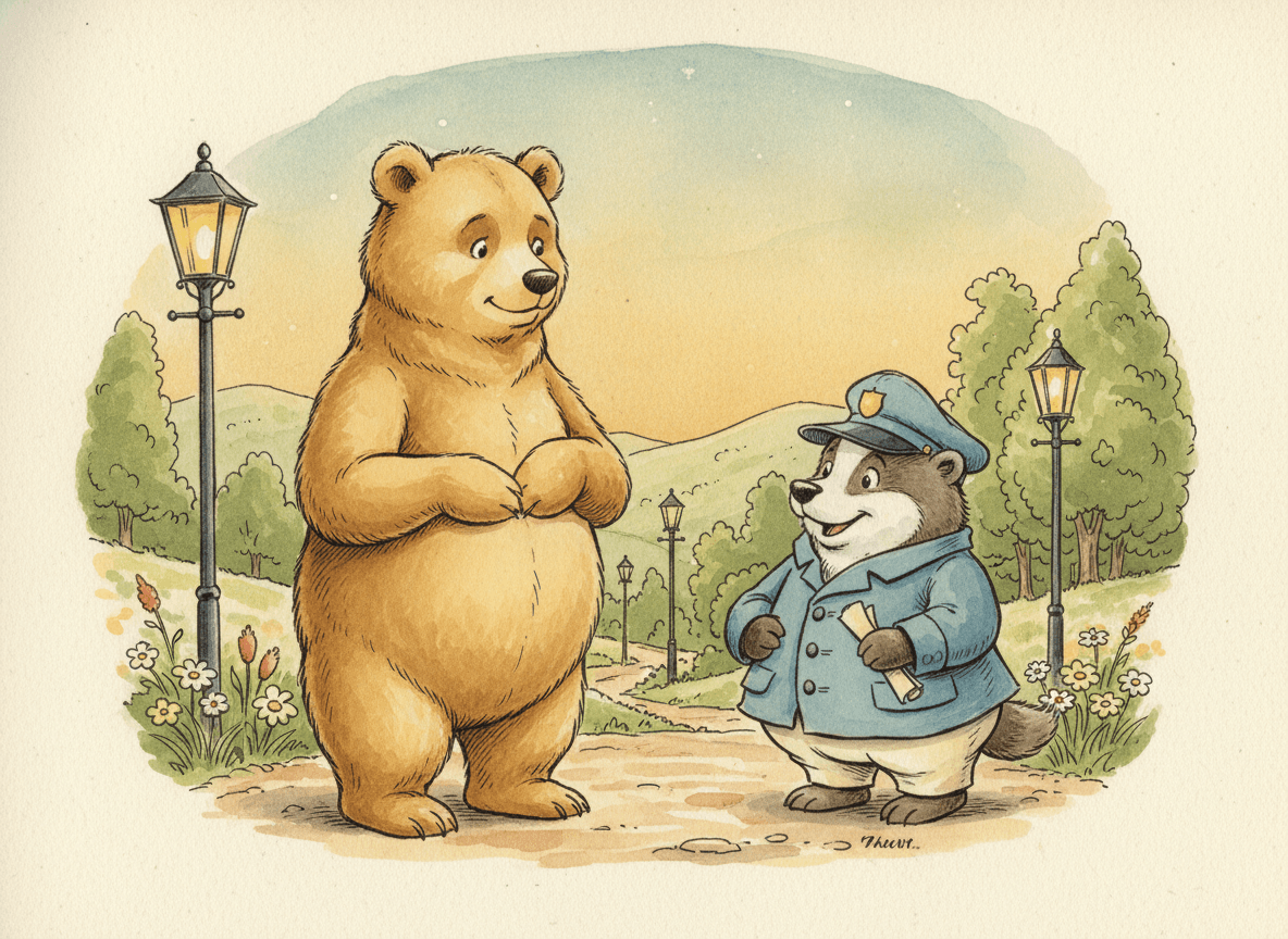 A calm storybook bear politely talking with a friendly woodland constable on a country lane at dusk